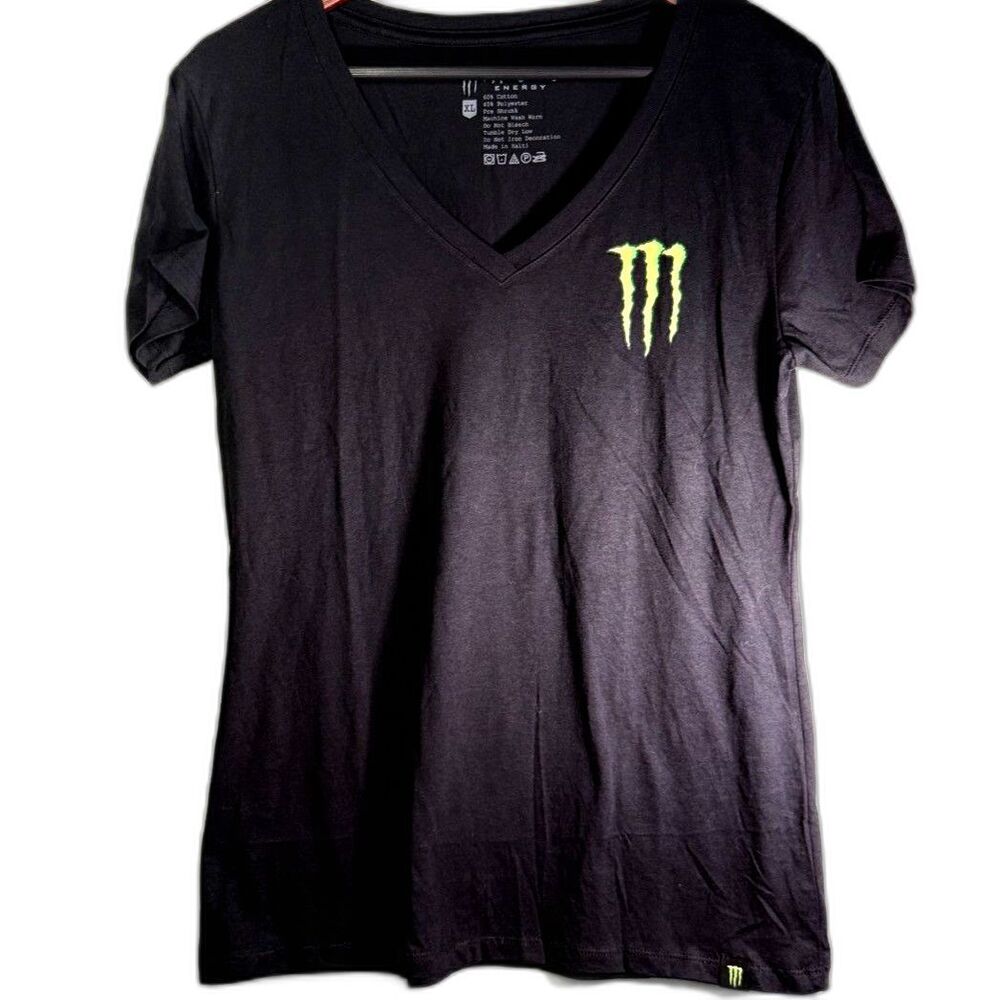 Monster Energy Womens XL Extra Large Black Sugar Skull Lightning V-Neck Tee Y2K